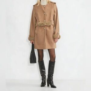 Classic Camel Fur-Trim Women’s Winter Coat with Gold Buttons